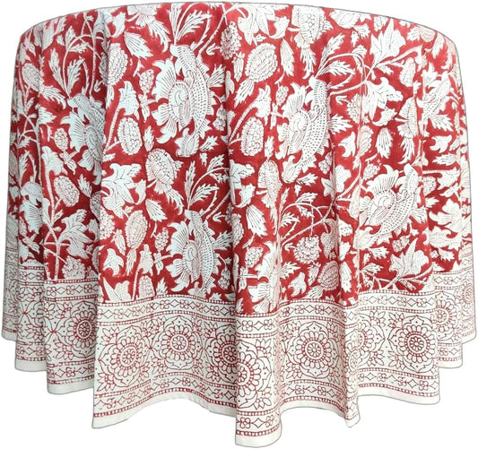 ATOSII Meraki Red 100% Cotton Round Tablecloth, Handblock Print Floral Table Cloth for Kitchen Dining Linen I Parties, Weddings, Outdoors I 90" Inches Round