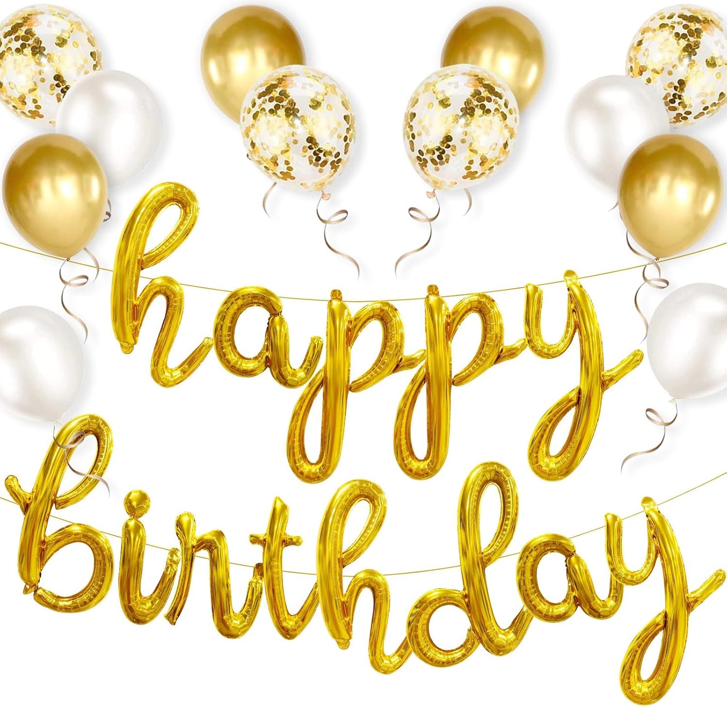 Gold Happy Birthday Balloons Banner, 25pcs Cursive Letters Balloons Sign with Latex Balloons, Foil Mylar Happy Birthday Banner, Golden Happy Birthday Party Decorations for Women Men Birthday Decor
