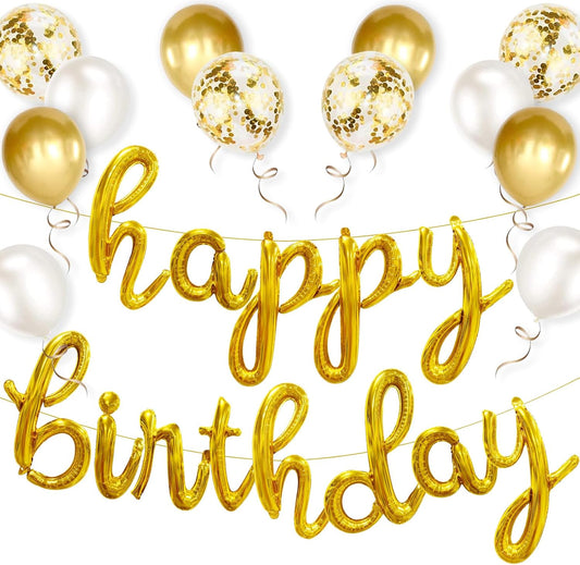 Gold Happy Birthday Balloons Banner, 25pcs Cursive Letters Balloons Sign with Latex Balloons, Foil Mylar Happy Birthday Banner, Golden Happy Birthday Party Decorations for Women Men Birthday Decor