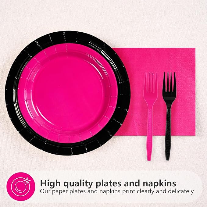 200Pcs Hot Pink and Black Birthday Decorations Hot Pink Party Plates and Napkins Disposable Heavy Duty Pink and Black Tableware Set for Valentine’s Day Girls Women Birthday Bridal Shower Gender Reveal