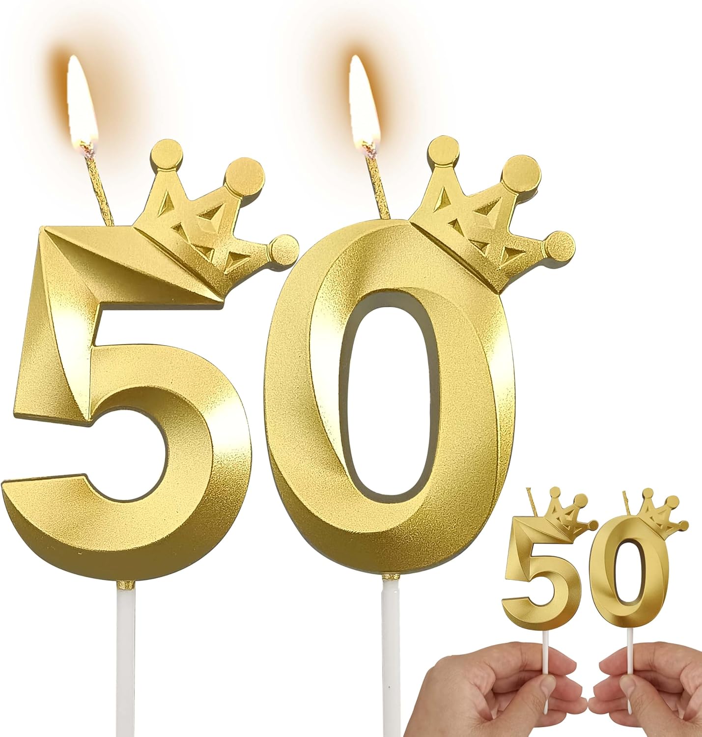 The Number 50 Gold Birthday Candles for Cake is Beautiful Number Candles for 50th Birthday Decorations for Man and Women (Gold-50, Crown)