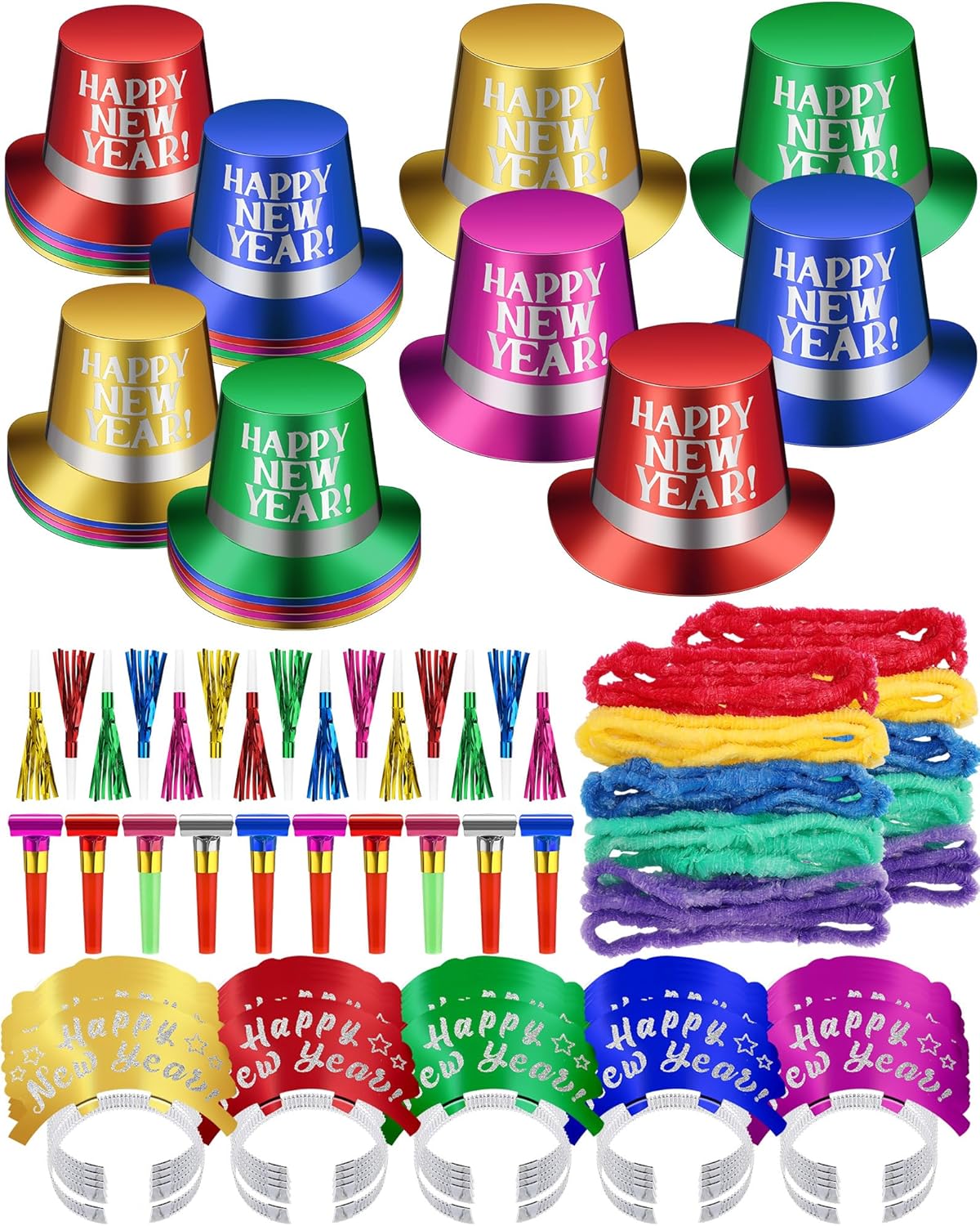 75 Pcs New Year Eve Party Supplies 2026 Midnight Party Decorations Includes Top Hats, Headband Tiara, Colorful Leis, Squawkers, Blowouts for Eve Supplies