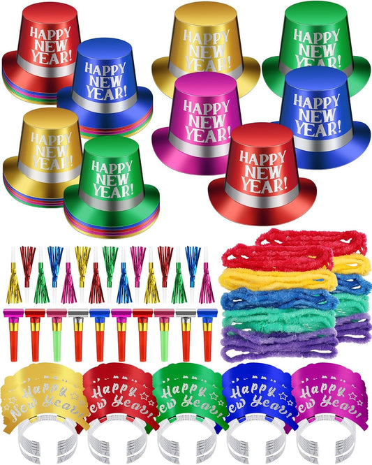 75 Pcs New Year Eve Party Supplies 2026 Midnight Party Decorations Includes Top Hats, Headband Tiara, Colorful Leis, Squawkers, Blowouts for Eve Supplies