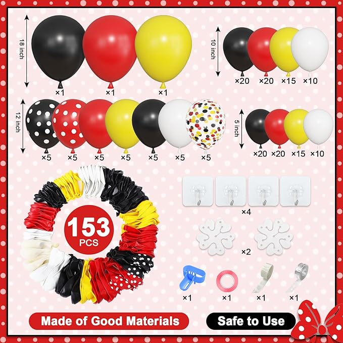 Amandir 153pcs Red Yellow Black Balloon Garland Arch Kit, Different Sizes 18 12 10 5 inch Red Yellow Black Dot Latex Confetti Balloons for Cartoon Mouse Birthday Party Decoration