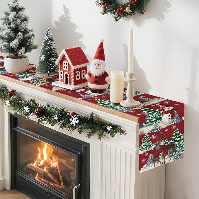 Artscope Reindeer Snowman Christmas Tree Table Runner, Xmas Winter Snowflakes Holiday Kitchen Dining Table Decoration for Christmas Home Party Decor 13x48 Inch-Red