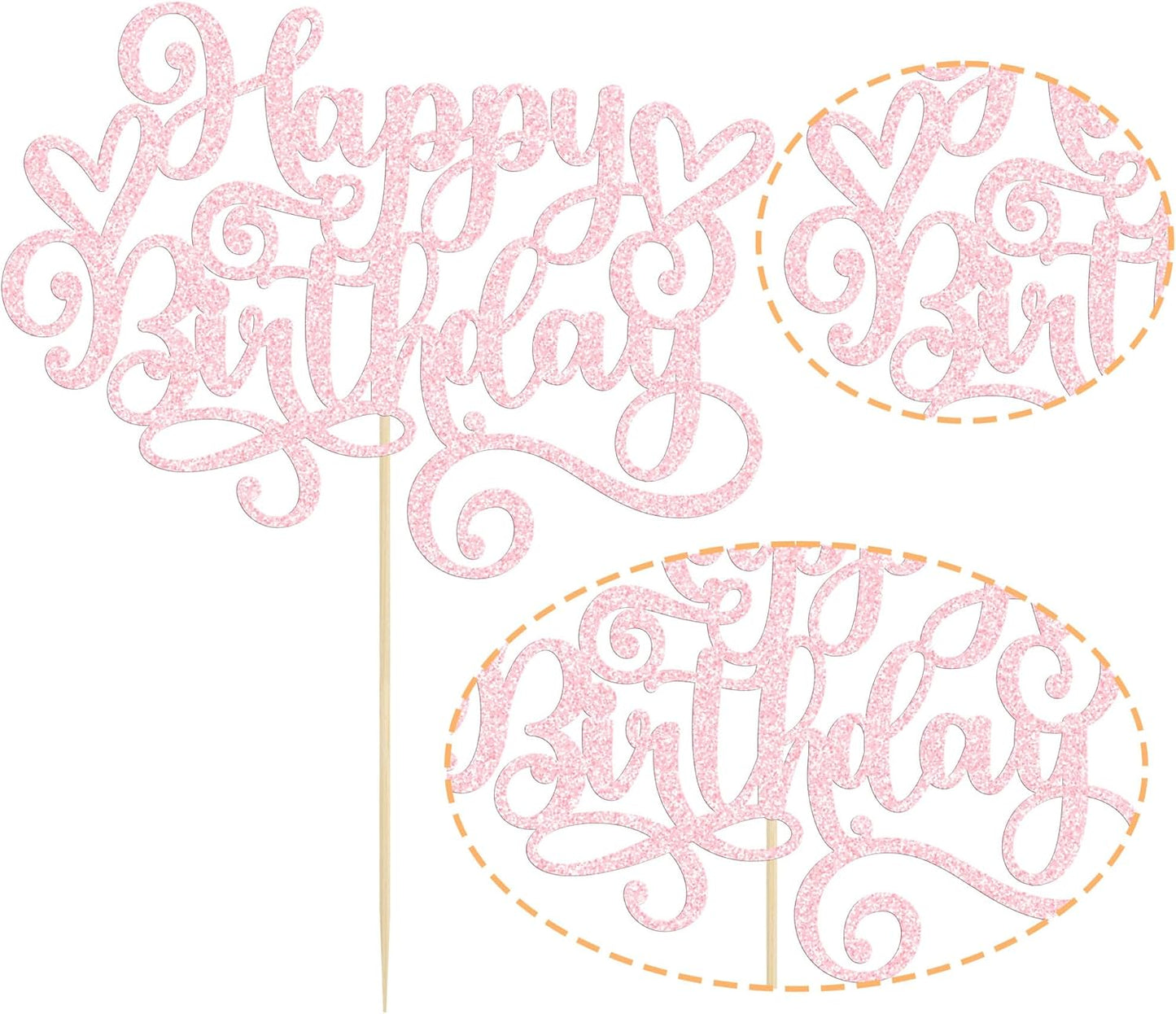 Gyufise 1Pcs Happy Birthday Cake Topper Glitter Cake Pick Bunting Decor for Anniversary Celebrating Party Cake Decorations Supplies Light Pink