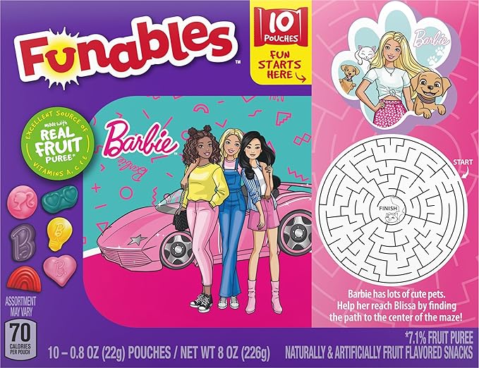 Funables Fruit Snacks, Barbie Shaped Fruit Flavored Snacks, 0.8 ounce Pouches (Pack of 30)