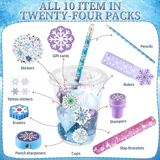 24 Set Winter Holiday Stationery Party Favors, Winter Snowflake Party Gifts, Holiday Stationery Gift Cups Filler with Sticker Stamper Ruler for Birthday Stocking Goodie Bags Exchange Gift