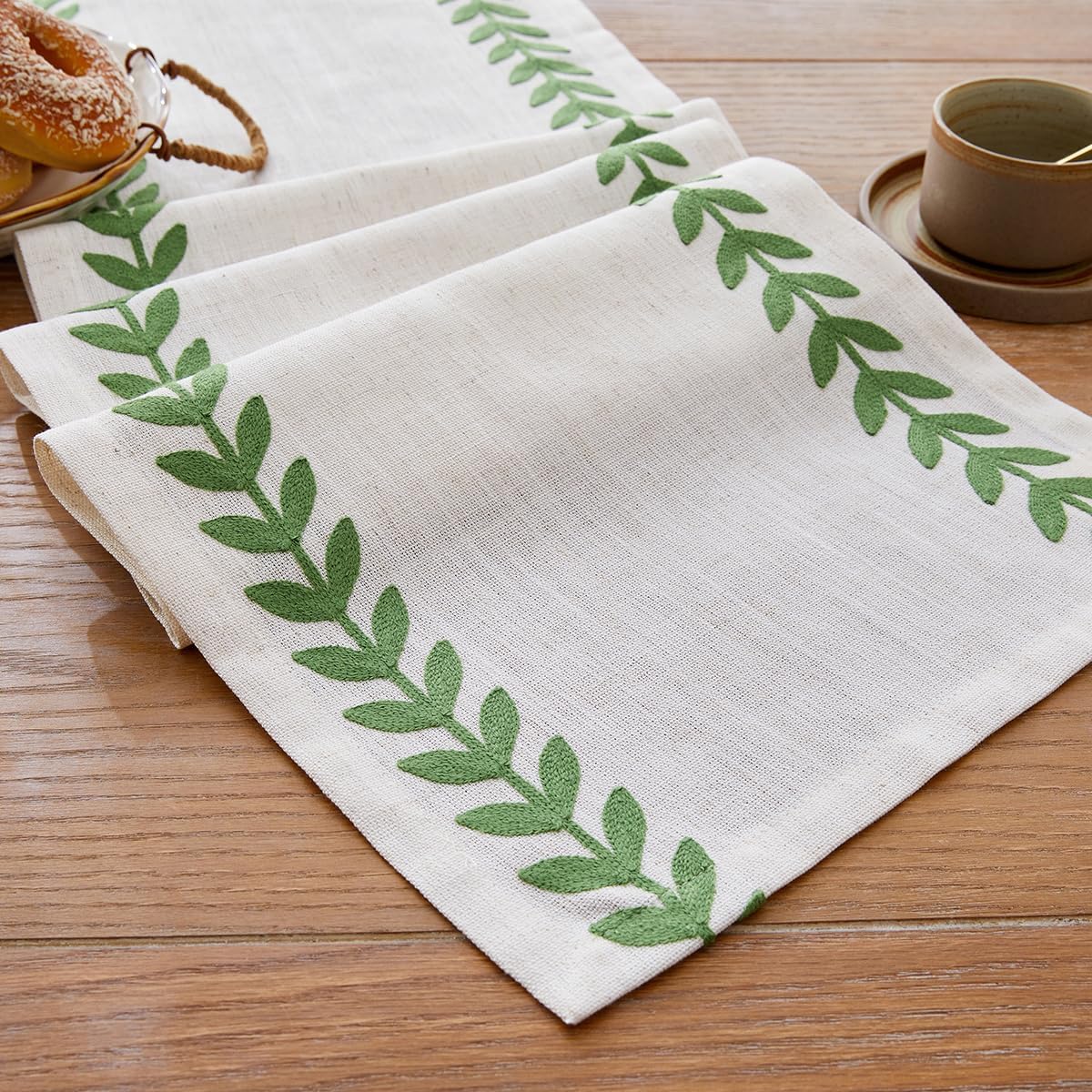 Wracra Embroidered Table Runner Irregular Willow Leaf Table Runners 72 Inches Long for Dresser Home Dining Table Decor,14 x 72 Inch, Green