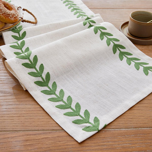 Wracra Embroidered Table Runner Irregular Willow Leaf Table Runners 60 Inches Long for Dresser Home Dining Table Decor,14 x 60 Inch, Green