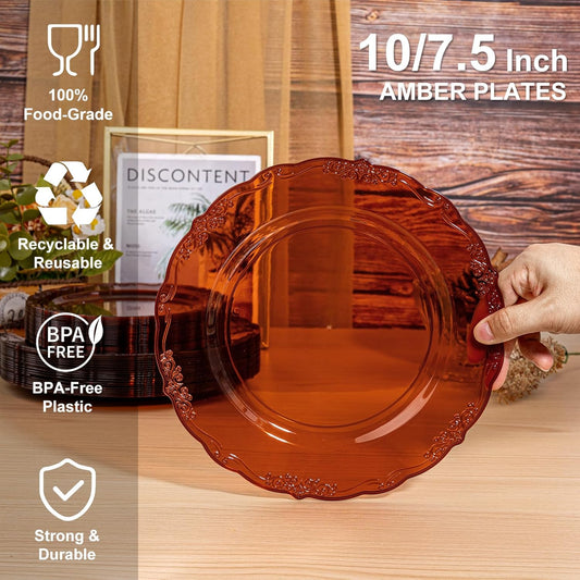 U-QE 100PCS Amber Plastic Plates - Clear Brown Plastic Plates Disposable Heavy Duty - Disposable Plates for Party Including 50PCS 10'' Dinner & 50PCS 7.5'' Dessert Plate