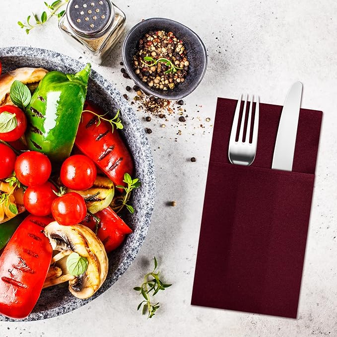 Dark Burgundy Napkins Hand Towels Disposable, Linen-Feel Dinner Napkins with Prefolded Built-in Flatware Pocket, Guest Paper Hand Towels For Wedding, Dinner Or Party (16x16in, 50Pack）