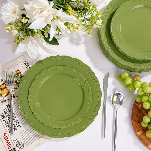 U-QE 100PCS Olive Green Plastic Plates - Plastic Green Plates Disposable Heavy Duty - Olive Disposable Plates for Party Including 50PCS 10'' Dinner & 50PCS 7.5'' Dessert