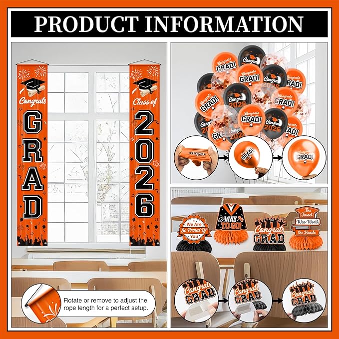 Graduation Decorations Class of 2026 Orange Graduation Party Decor Set include Congrats Grad Banner Backdrop Class of 2026 Balloons Party Supplies