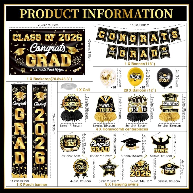 Graduation Decorations Class of 2026 Black and Gold Party Decor Set include Congrats Grad Banner Graduation Backdrop Class of 2026 Balloons Party Supplies