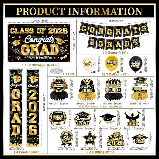 Graduation Decorations Class of 2026 Black and Gold Party Decor Set include Congrats Grad Banner Graduation Backdrop Class of 2026 Balloons Party Supplies