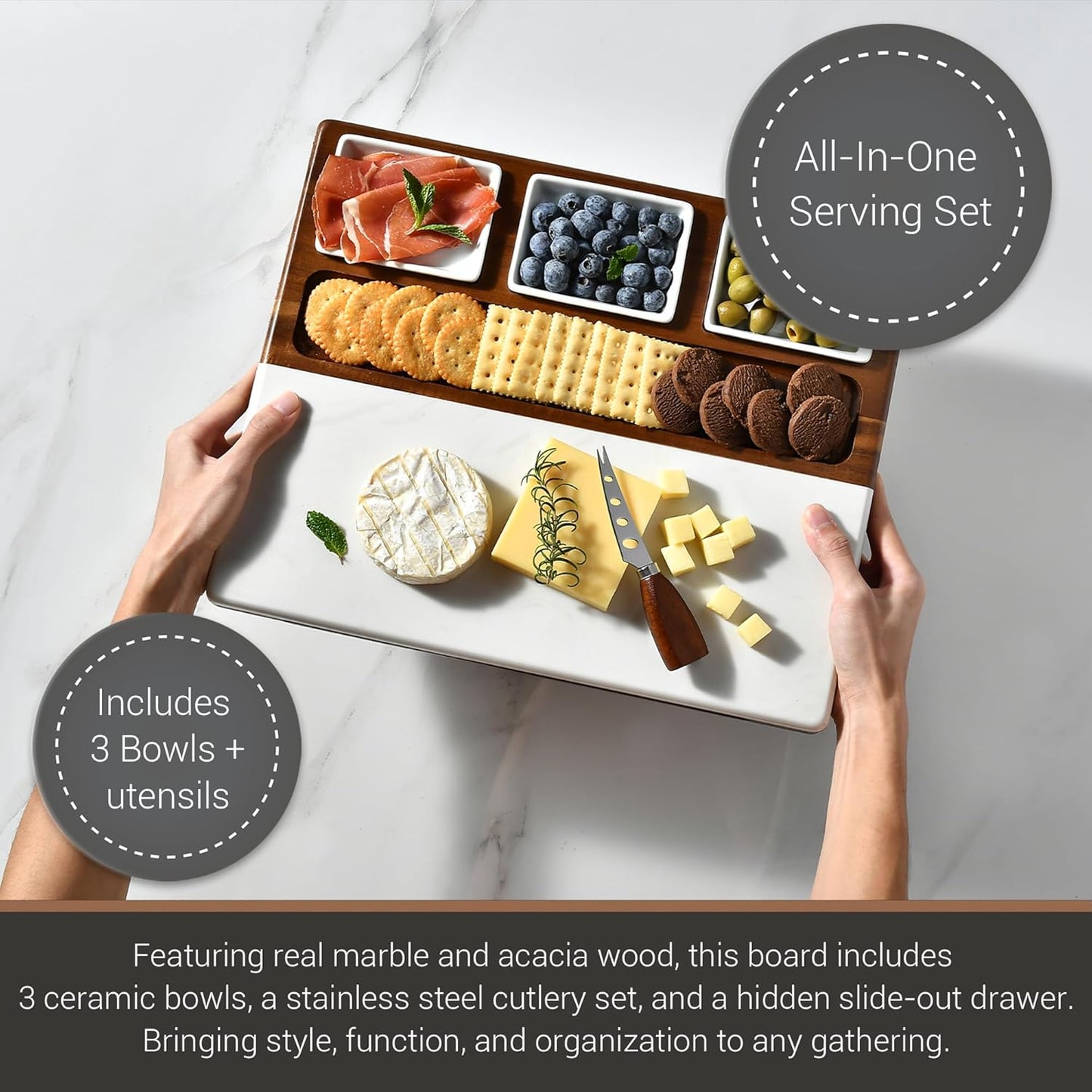 Shanik Marble & Acacia Wood Cheese Board Set – Includes 3 Ceramic Bowls, Stainless Steel Cutlery – Charcuterie Platter Gift for Entertaining