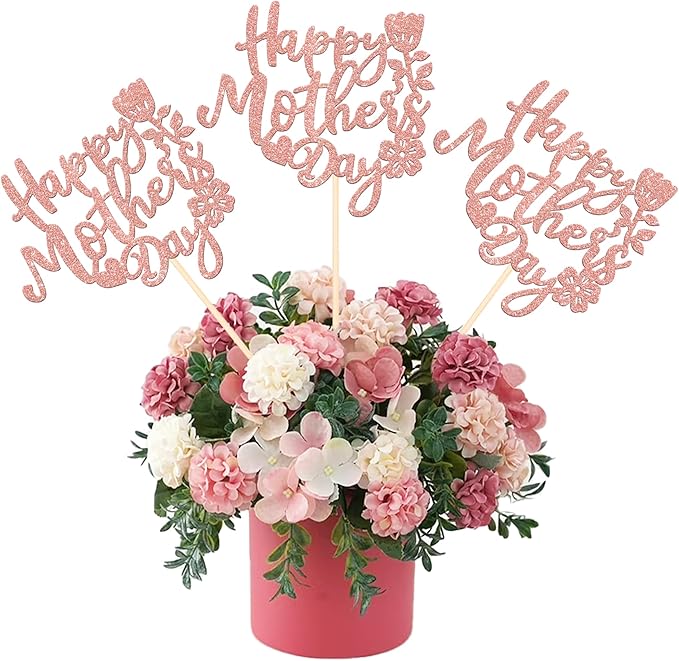 12 PCS Happy Mother's Day Centerpiece Sticks Double Sided Glitter Rose Love Best Mom Centerpieces for Happy Mother's Day Theme Table Flower Decorations Women Birthday Party Supplies Rose Gold