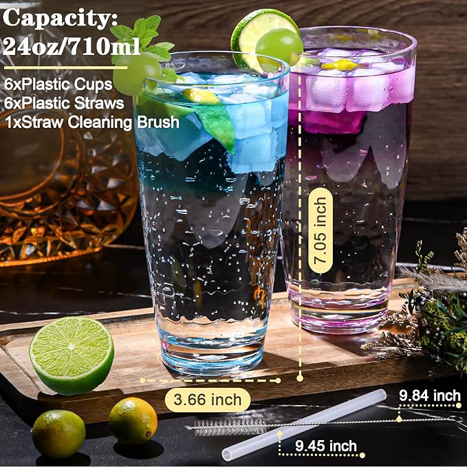 6 Pcs Plastic Drinking Tumblers of 24 oz, Acrylic Drinking Glasses with Straw&PP Brush, BPA-Free, Stackable Water Cups, Clear Cups for Juice, Wine (24 oz-6 pcs)