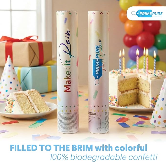 PrimePure Confetti Cannon Party Poppers - Biodegradable Multicolor Rectangular Confetti Poppers - 6 Pack - Party Cannon Shooters Gun for Wedding, Birthdays, Celebrations
