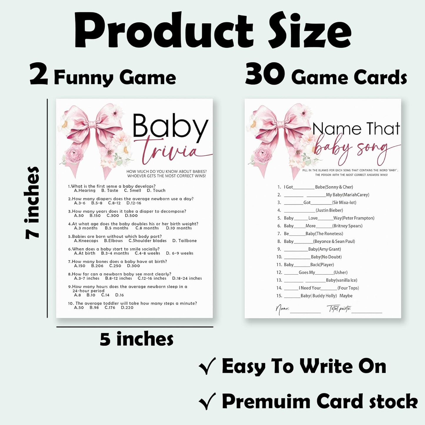 Name That Baby Song & Trivia Theme Baby Shower Game Activities-30 Pink Bow & Floral Double-Sided Game Cards(5’’x7 ’’) & 1 Answer Card(4’’x6’’) For Boys & Girls-Gender Natural Decor & Supplies-A02