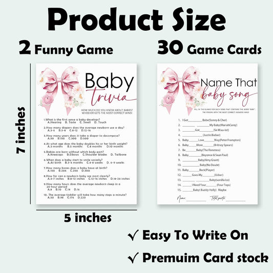 Name That Baby Song & Trivia Theme Baby Shower Game Activities-30 Pink Bow & Floral Double-Sided Game Cards(5’’x7 ’’) & 1 Answer Card(4’’x6’’) For Boys & Girls-Gender Natural Decor & Supplies-A02