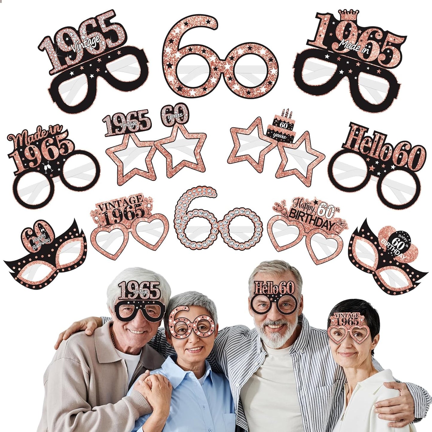 24Pcs 1965 60th Birthday Paper Glasses Decorations for Women - Rose Gold Happy 60th Birthday Paper Eyeglasses Photo Props Gifts, Vintage 1965 60 Years Old Birthday Party Supplies