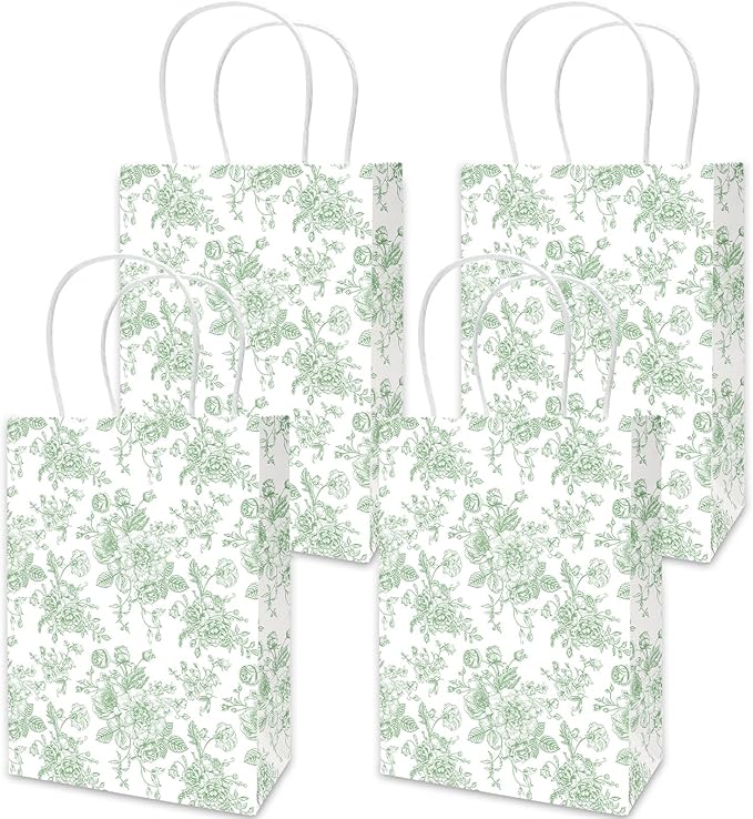 JarThenaAMCS 24Pcs Sage Green Floral Paper Gift Bag Vintage Flower Treat Bags with Handles Chinoiserie Candy Goodie Packaging Bags for Birthday Wedding Party Favors Supplies