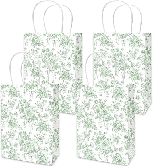 JarThenaAMCS 24Pcs Sage Green Floral Paper Gift Bag Vintage Flower Treat Bags with Handles Chinoiserie Candy Goodie Packaging Bags for Birthday Wedding Party Favors Supplies