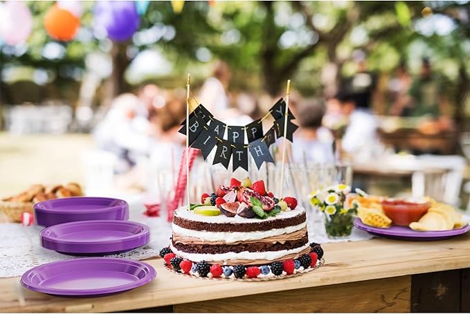 Party Solids Purple Plastic Plates For Party Supplies, Purple Disposable Plates 100 Pieces - 50-7" & 50-9" Heavy Duty 350 GSM Disposable Dinnerware Sets, Plastic Dinnerware Sets