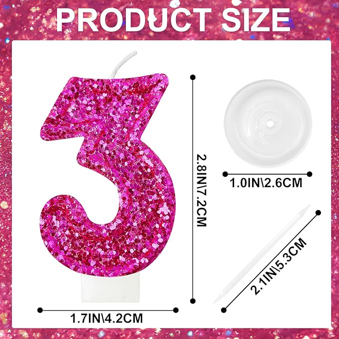 Zailo Birthday Number Candles, Glitter Number Candle Cake Decorations with Sequins, Cupcake Decorations for Girls, Women, Party Anniversary Celebrations (Number 3, Bright red)