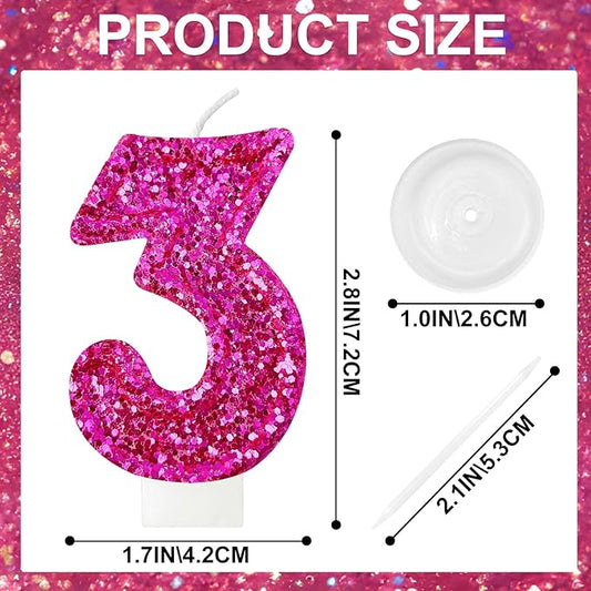 Zailo Birthday Number Candles, Glitter Number Candle Cake Decorations with Sequins, Cupcake Decorations for Girls, Women, Party Anniversary Celebrations (Number 3, Bright red)