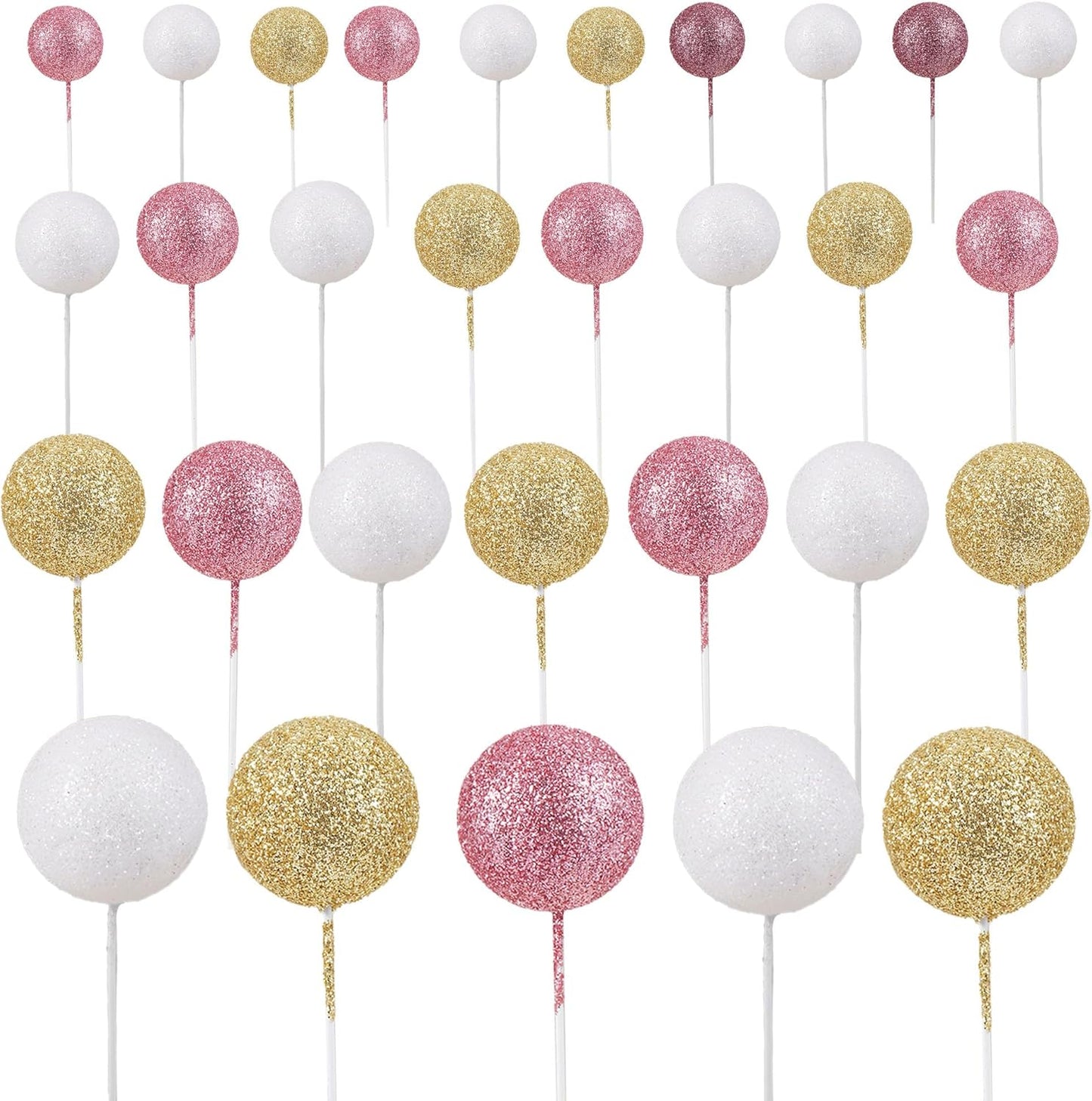 30Pcs Glitter Balls Cake Topper Mini Balloons Cake Toppers Foam Ball Cake Decorations Baby Shower Wedding Anniversary Graduation Birthday Party Supplies Champagne Gold White Rose Gold
