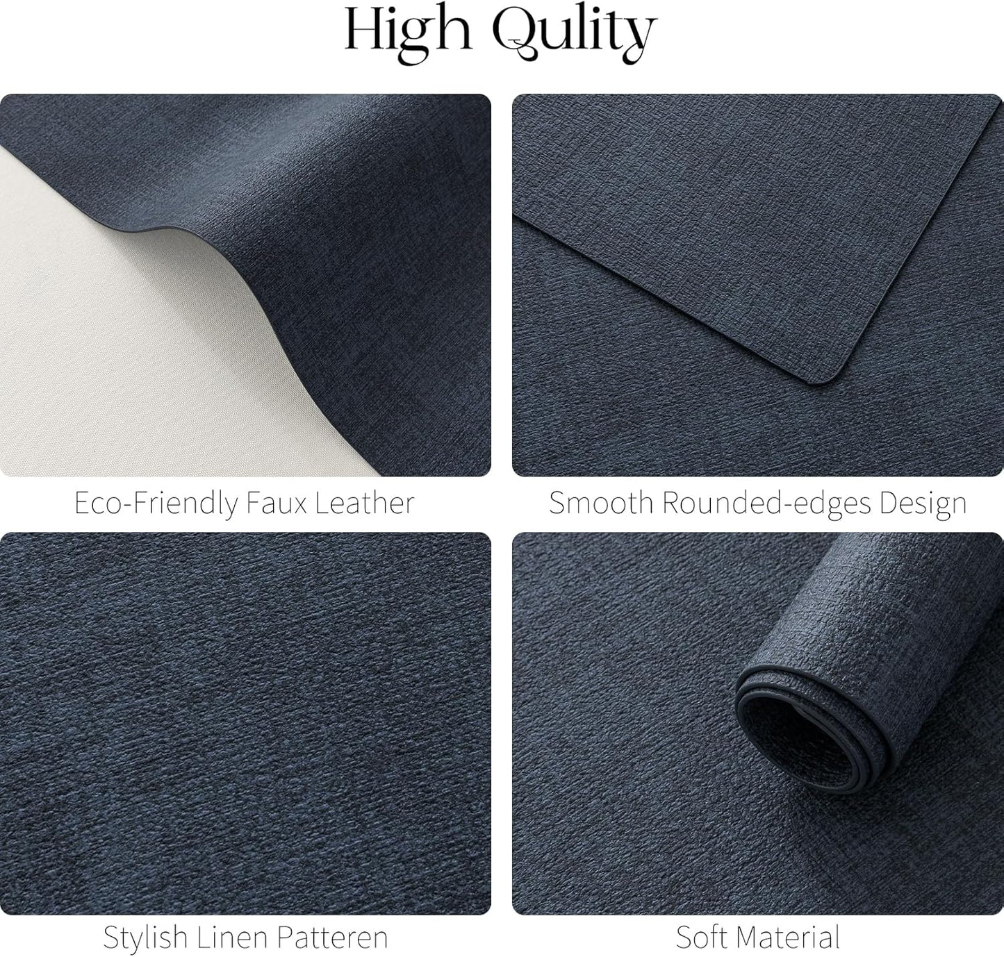 MOSAYT Faux Leather Placemats Set of 6, Heat Resistant Wipeable Washable Vinyl Place Mats with Coasters, Waterproof Oil Proof Table Mats for Kitchen Dining Party Outdoor, 12" x 18", Navy Blue
