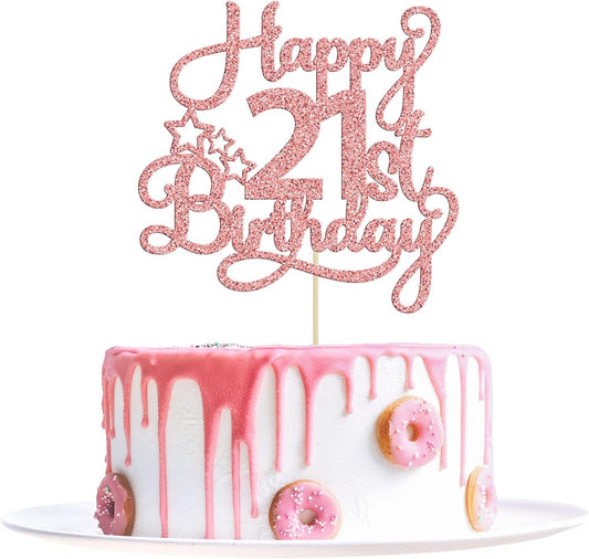 1 Pack Happy 21st Birthday Cake Topper - Rose Gold Glitter '21 & Fabulous' - Cheers to 21 Years Old Cake Pick for Celebrating Anniversary Party Decorations Supplies