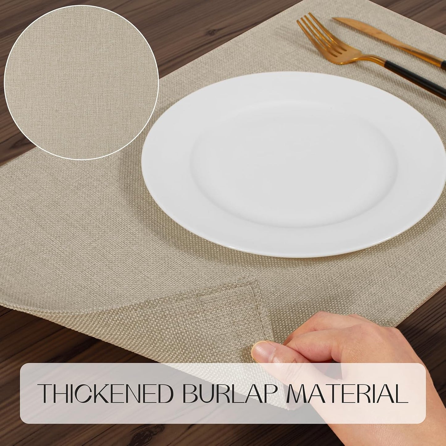 Romanstile Cloth Placemats Set of 4-12 x 18 Inch, Heat Resistant Double Layered Thickened Burlap Place Mats, Washable Faux Linen Farmhouse Table Mats for Kitchen/Dining/Party/Outdoor, Beige