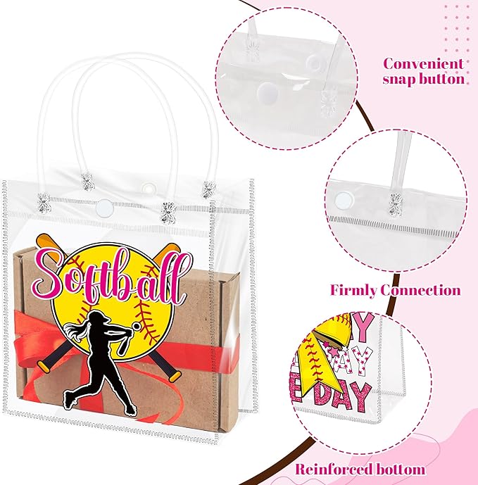 H1vojoxo Softball Goodie Gift Bags - 24PCS Softball Clear PVC Gift Bags for Team Girls with Handle Reusable Sport Party Favors Team Birthday Gifts Bag Treat Snack Bag for Girls End of Season Gifts Bag