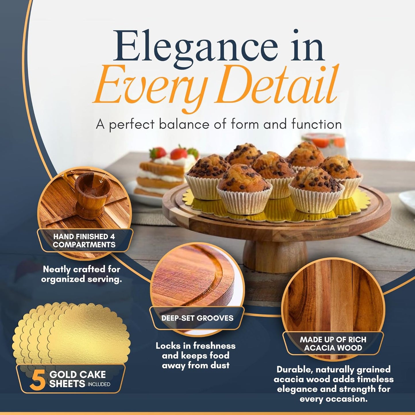 Linda's Essentials Acacia Wood Cake Stand with Lid - 12 Inch Round Cake Holder Stand with 5 Bonus Cake Sheets, 2-in-1 Wooden Cake Stand with Dome & Charcuterie Board for Cheese, Cake Plate with Lid