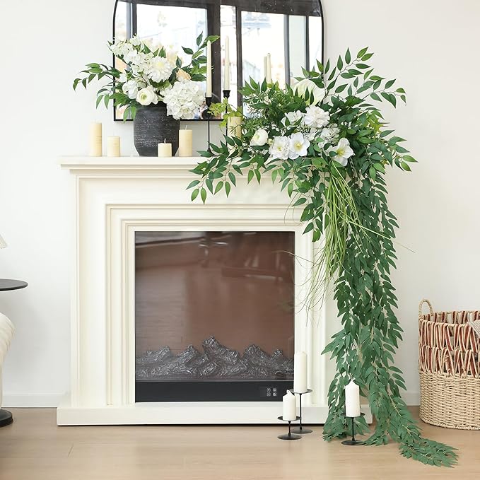 mizii 5 Packs 390" Artificial Vines Willows Garland Fake Vine Italian Ruscus Silk Green Leaves Faux Plants Greenery Decoration for Bedroom Room Wall Party Table Centerpieces Wedding Arch Decor