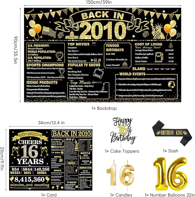 16th Birthday Decorations for Boys, Black Gold Back in 2010 Party Supplies Kit with Banner, Backdrop, Balloons, Cake Topper & Sash, 16 Year Old Birthday Party Decor Boy