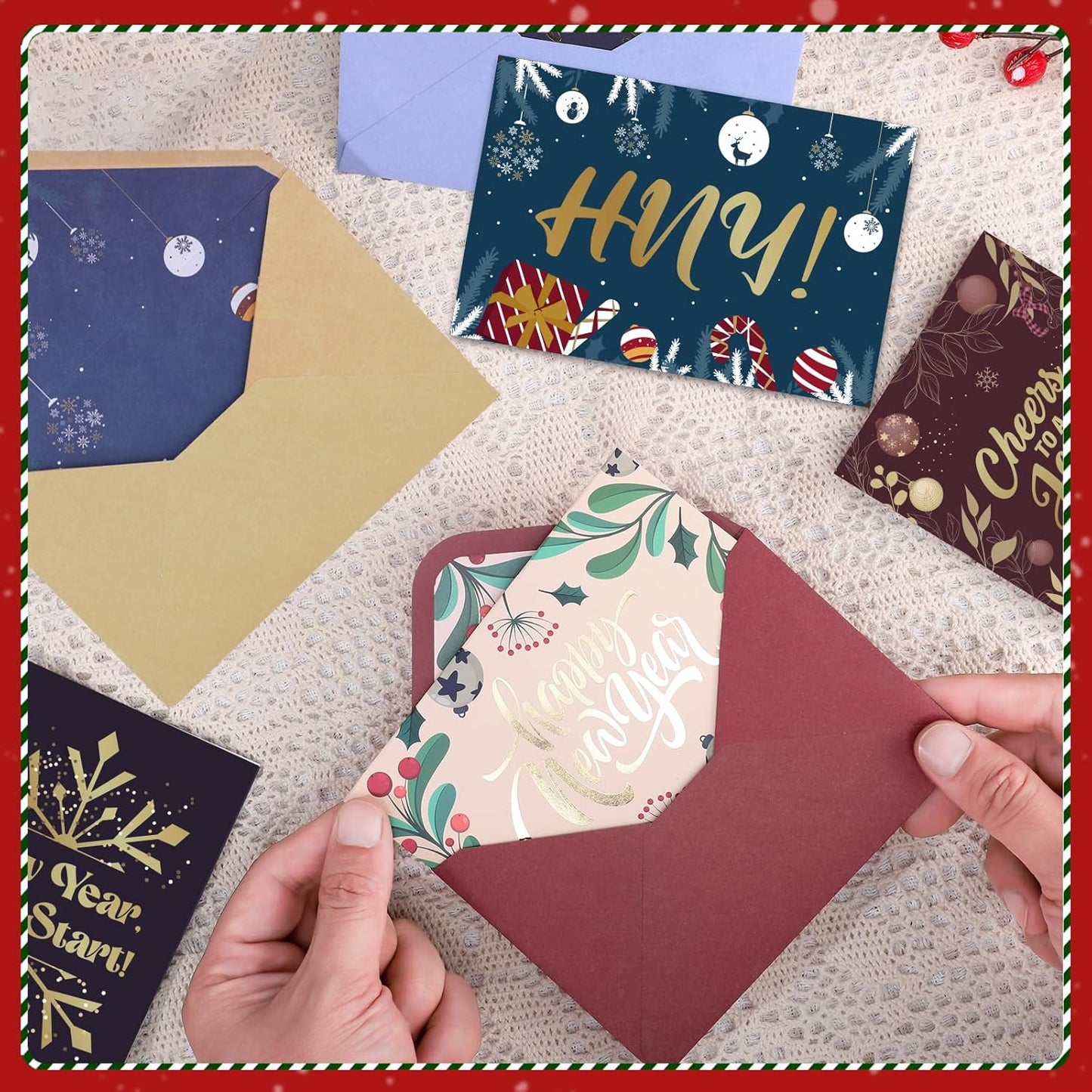 New Year Cards with Envelopes, 36 Pack 4x6in Happy New Year Greeting Cards, Gold Foil Holiday Card with Stickers, 6 Assorted Design