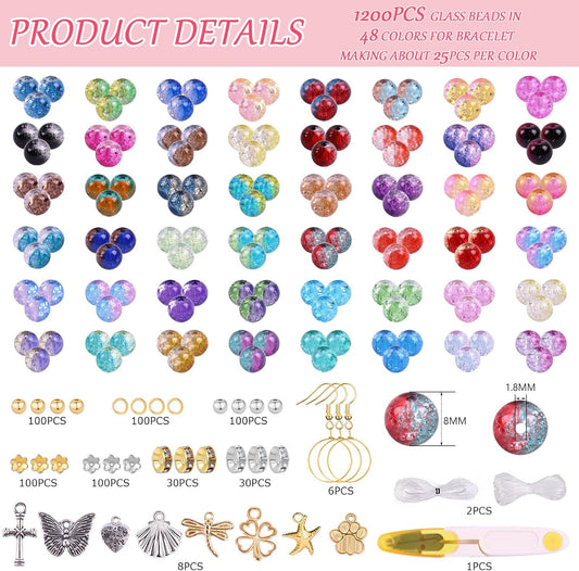 1800PCS 8mm Crackle Glass Beads Bracelet Making Kit, 48 Colors Glass Beads for Jewelry Making, Round Crystal Beads for Bracelets, Friendship Bracelet kit for DIY Crafts Gifts, 2 Box (Crackle Colors)