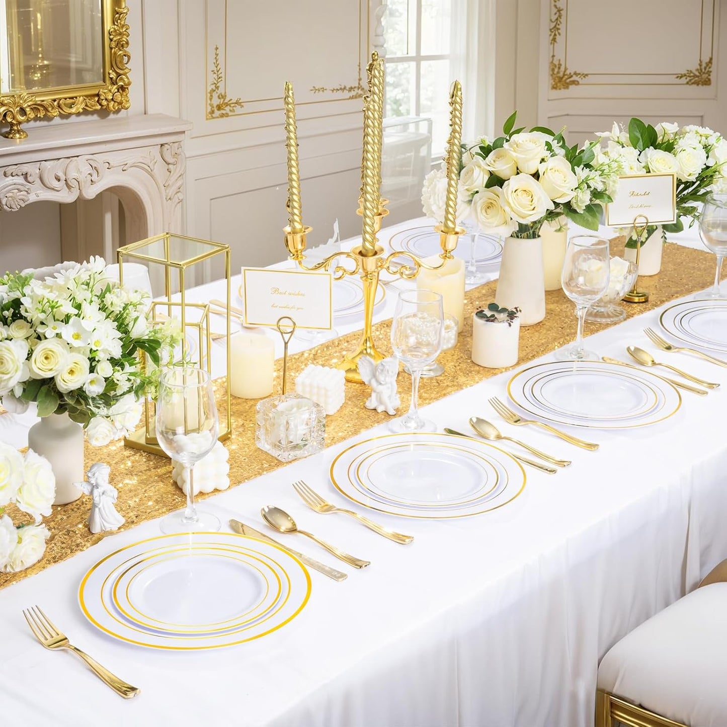 WDF300 Pieces Gold Plastic Silverware - Heavy Duty Disposable Cutlery Set Plastic Gold Silverware Set Includes 100 Forks, 100 Spoons, 100 Knives for Party/Thanksgiving