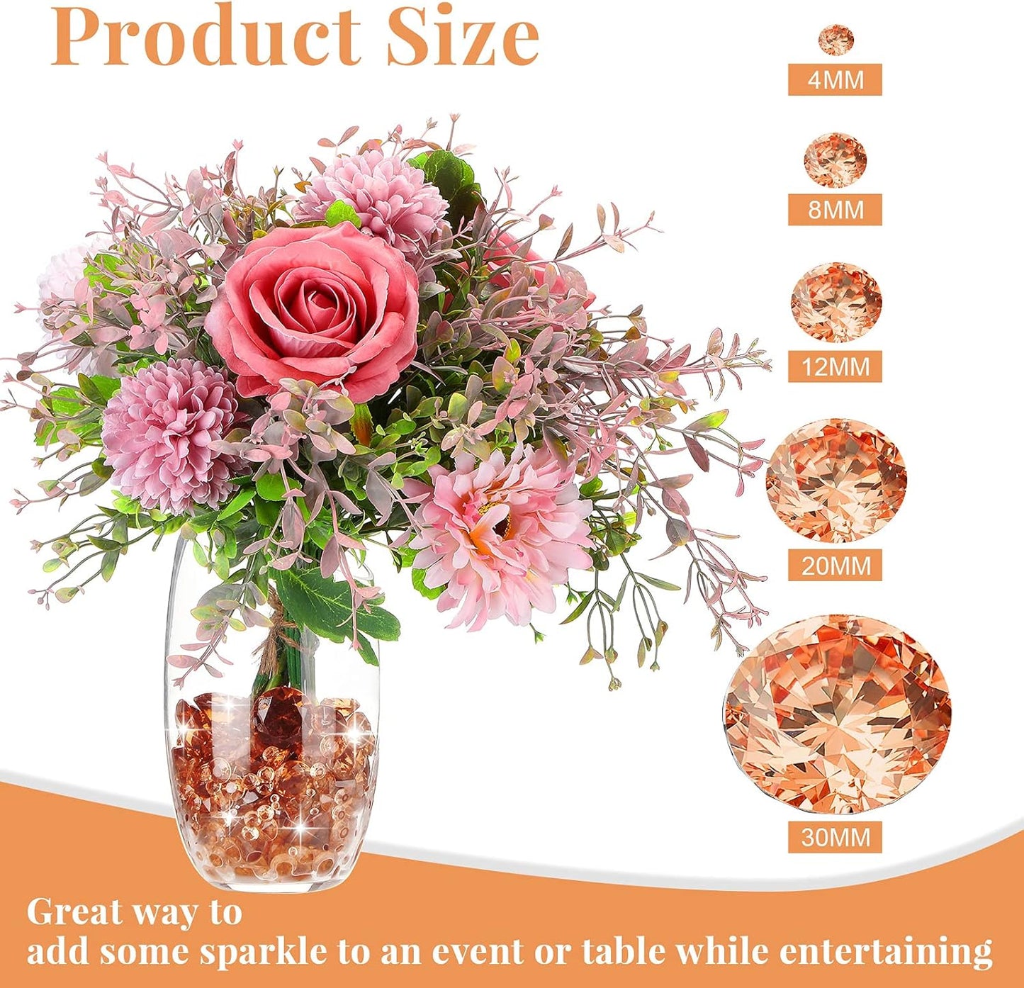 Hicarer 800 Pieces Diamond Decorations Acrylic Diamond Table Scatter Crystals for Table for Vase Fillers Party Table (Rose Gold, 30mm, 20mm, 12mm, 8mm, 4mm)