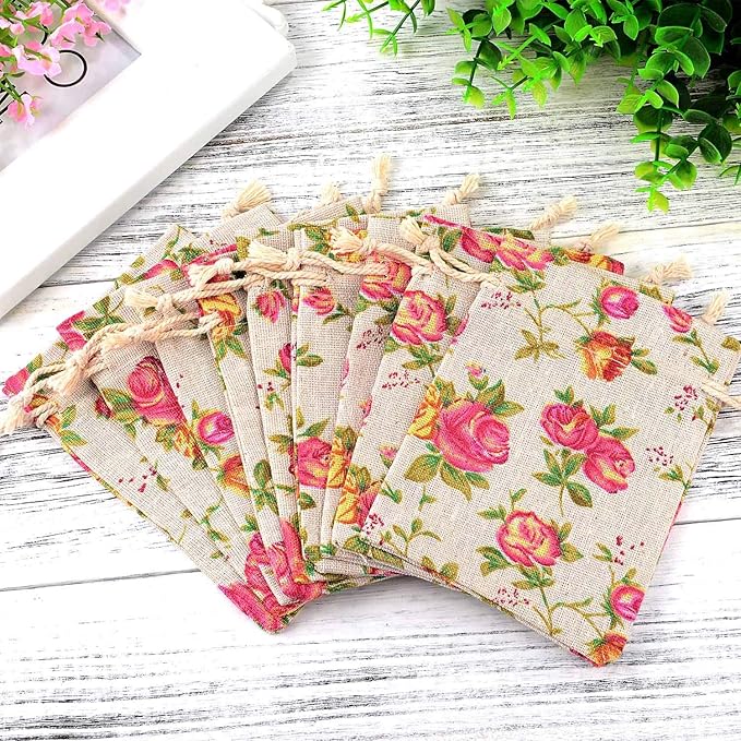 Pangda 30 Pieces Small Size Rose Drawstring Bags Burlap Flower Pouch Bags Linen Gift Jewelry Pouches for Wedding DIY Craft Party (3.9 x 5.3 Inch)