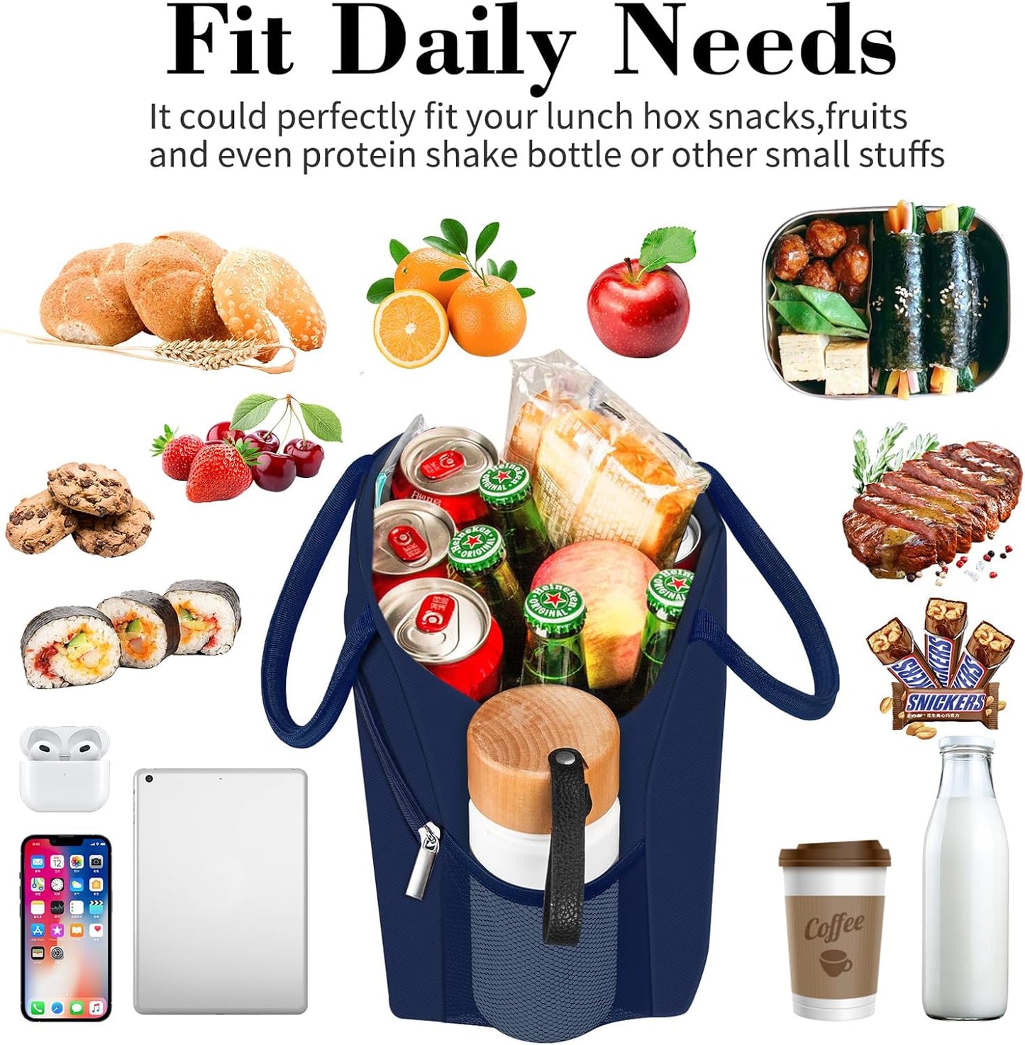 Coobiiya Lunch Box Lunch Bag for Women Adults Men, Reusable Cute Lunch bag - Leakproof, Insulated Lunch Box Tote with Large Capacity, Cooler Container for Work/Travel/Office navy3