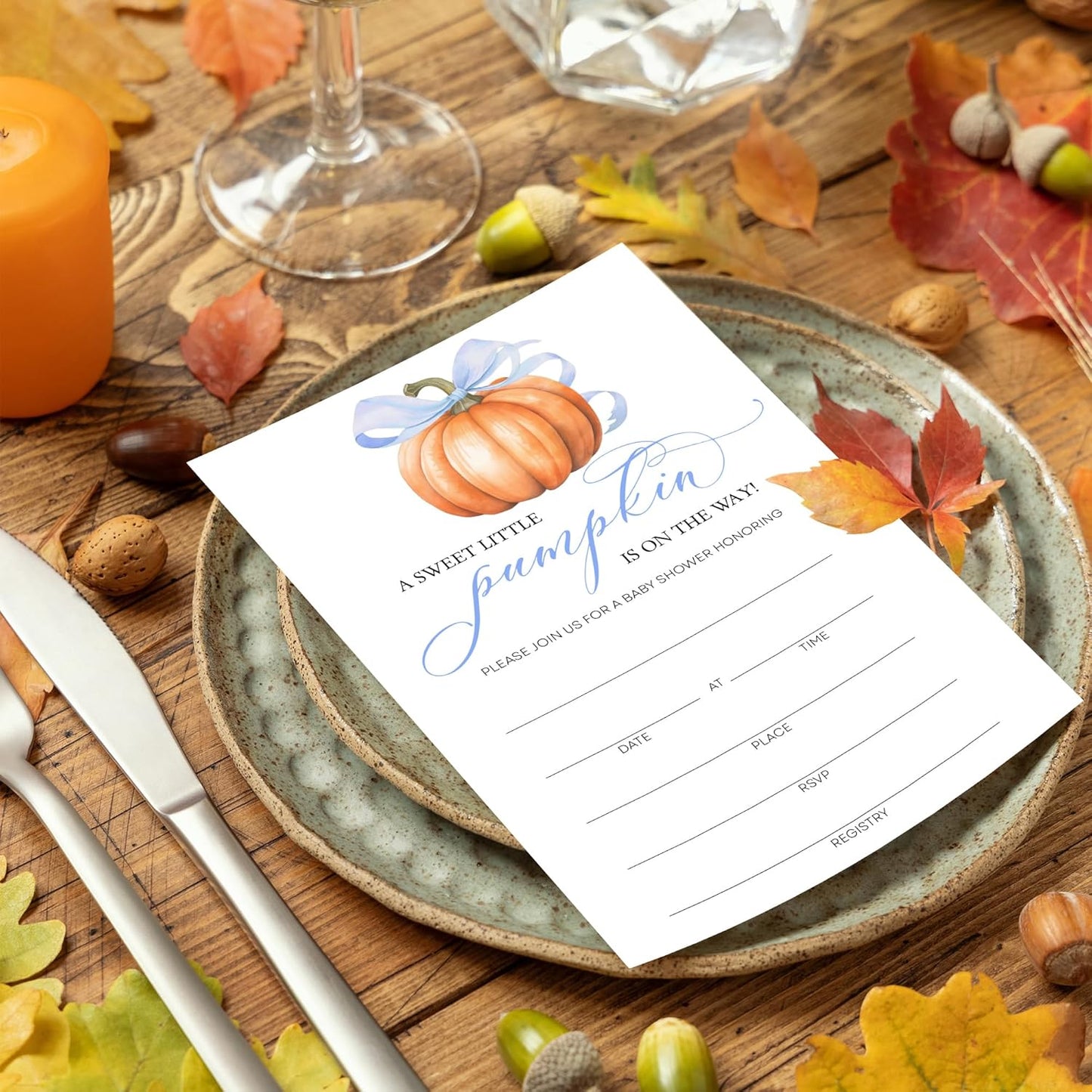 Blue Pumpkin Baby Shower Invitations - “A Sweet Little Pumpkin Is On The Way” Design with Envelopes And RSVP Cards - 20Pcs Fill In Baby Shower Party Cards(4 x 6 Inch) (043)