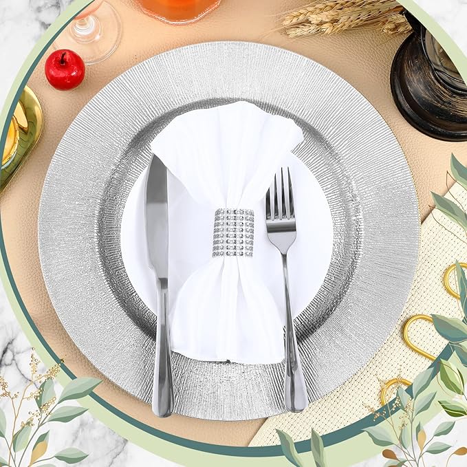 Tanlade 100 Pcs Silver Charger Plates Bulk, 13" Round Plastic Dinner Charger Plate, Shiny Silver Table Chargers Serving Plate Catering Tabletop for Thanksgiving Halloween Christmas Wedding Party Decor