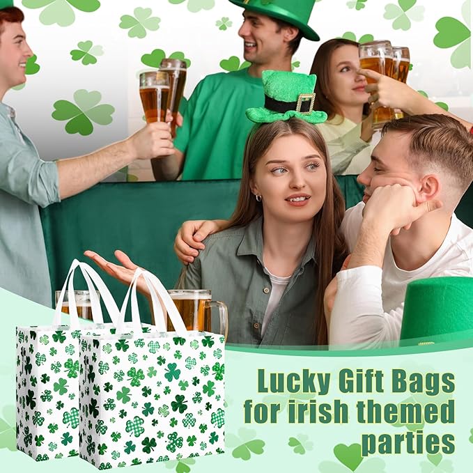 Abbylike 30 Pcs St Patrick's Day Lucky Gift Bag Large Irish Gift Bags Shamrock Candy Green Non Woven Bags for Party Favor