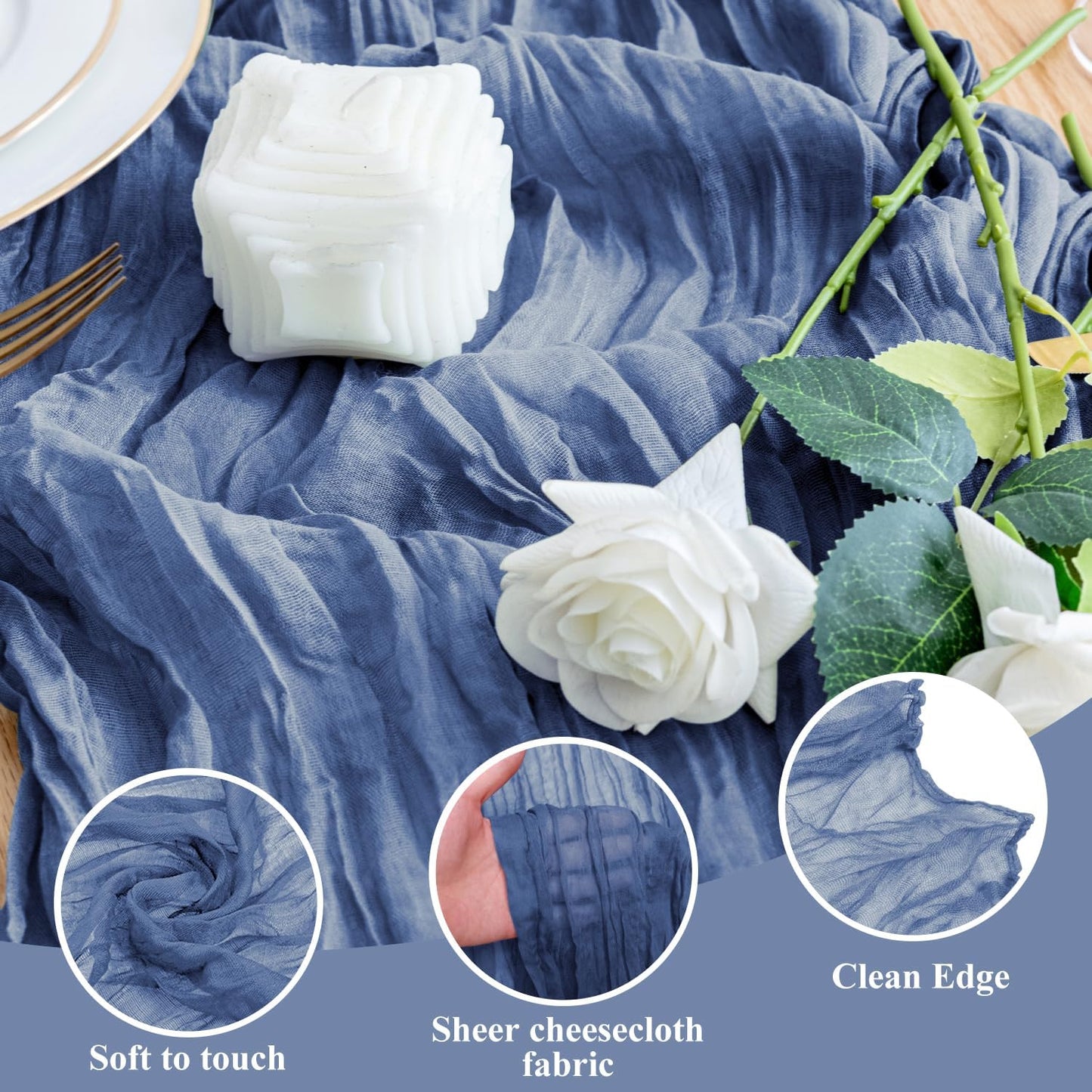 Wokceer Cheesecloth Table Runner 3Pack 10FT Blue Boho Gauze Fall Thanksgiving Cheese Cloth Table Runner for Party Long Rustic Sheer Table Runners for Baby Bridal Shower Wedding Easter Table Decor